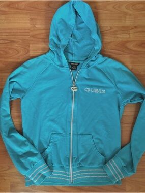Guess Y2K Turquoise Rhinestone Logo Zip Hooded 2000’s Track Jacket